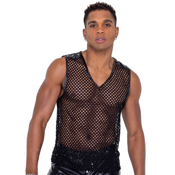 Studded Fishnet Tank Top with Vinyl Trim - Picture 1 of 5
